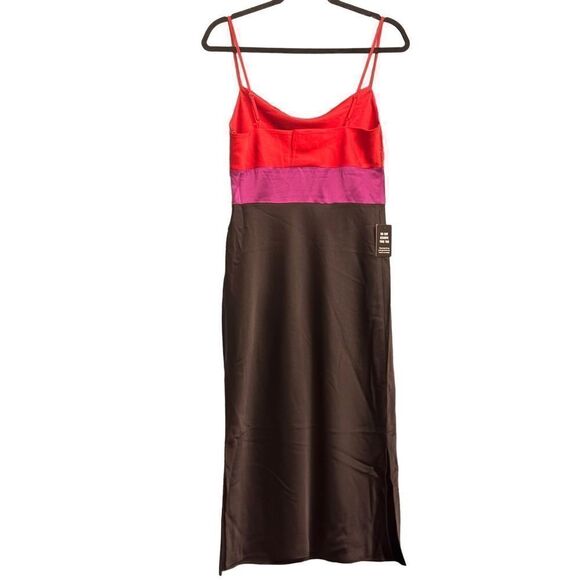 Express - Satin Color Block Tier Cowl Neck Midi Slip Dress - Small/ Red/Purple/B - Picture 8 of 16